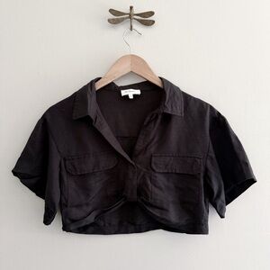 Böhme Black Linen Blend Twist Front Utility Style Crop Top XS